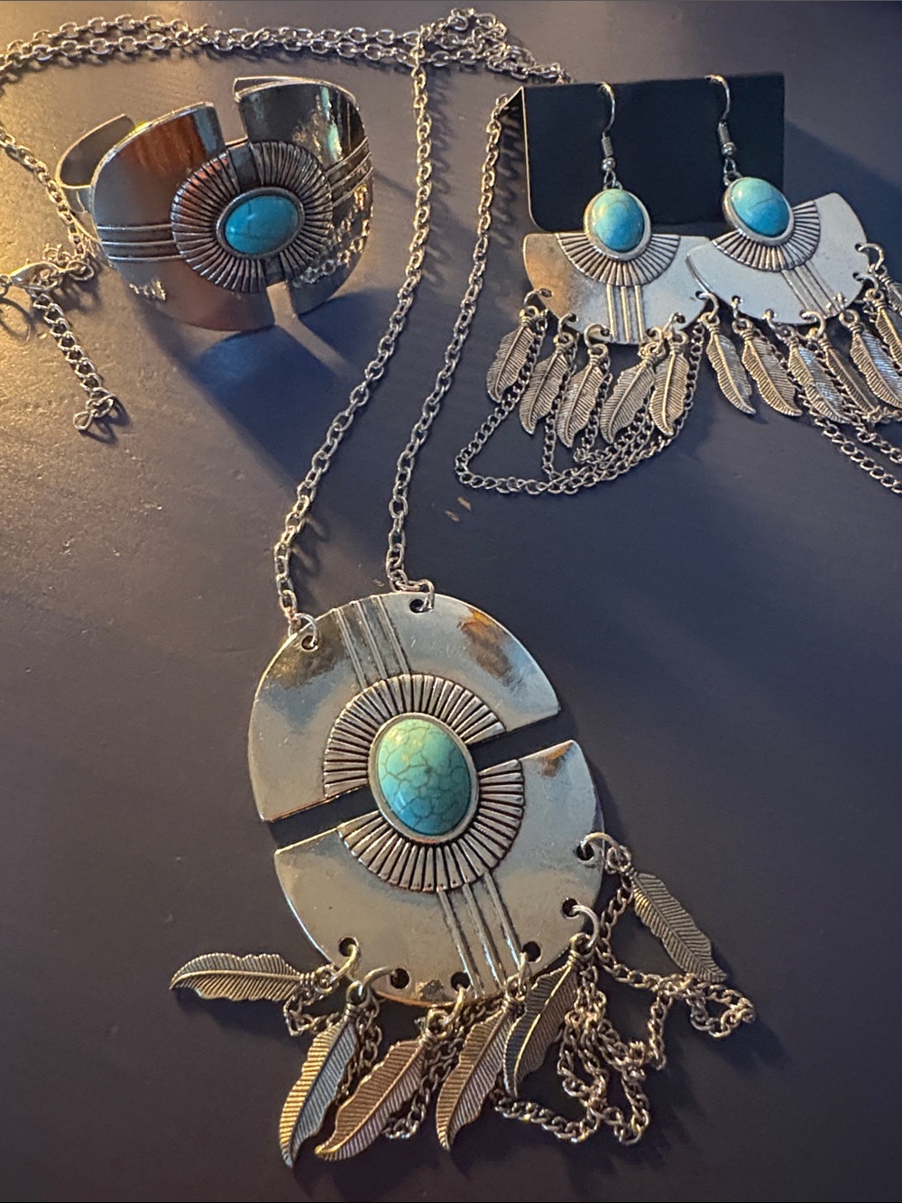 Faux Turquoise Accent Silver-Tone Necklace, Bracelet & Earring Set
